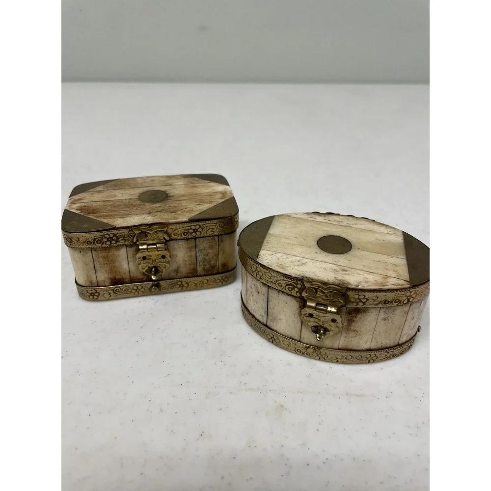 Vintage Set of 2 Handcrafted Bone & Brass Hinged Trinket Jewerly Box India‎